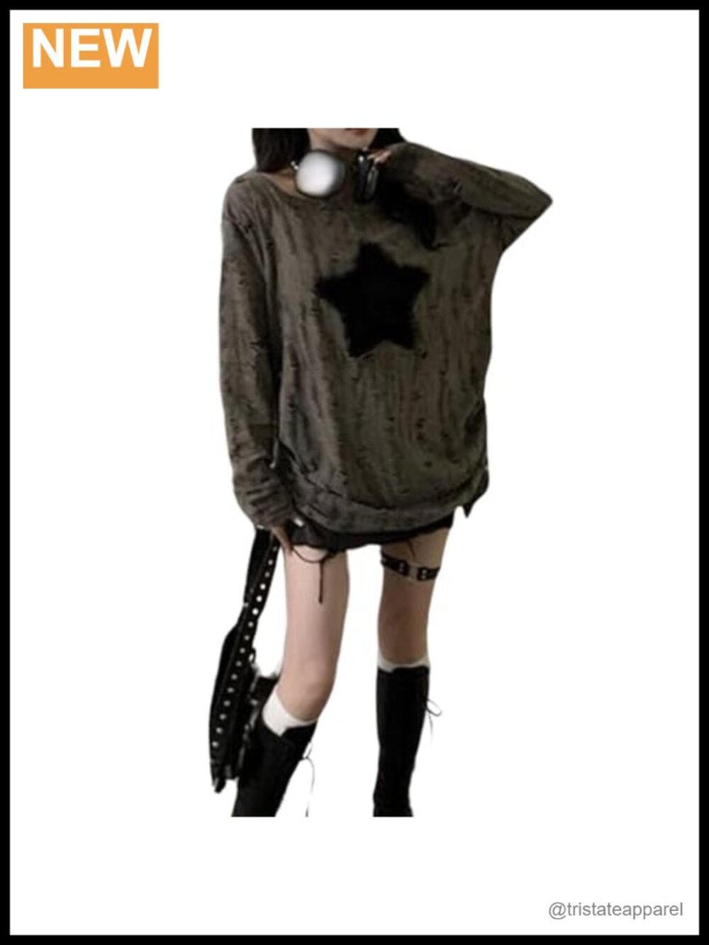 Off Shoulder Long Sleeve Ripped Star Tops Grunge Y2K Emo Goth Shirt Women Blouse